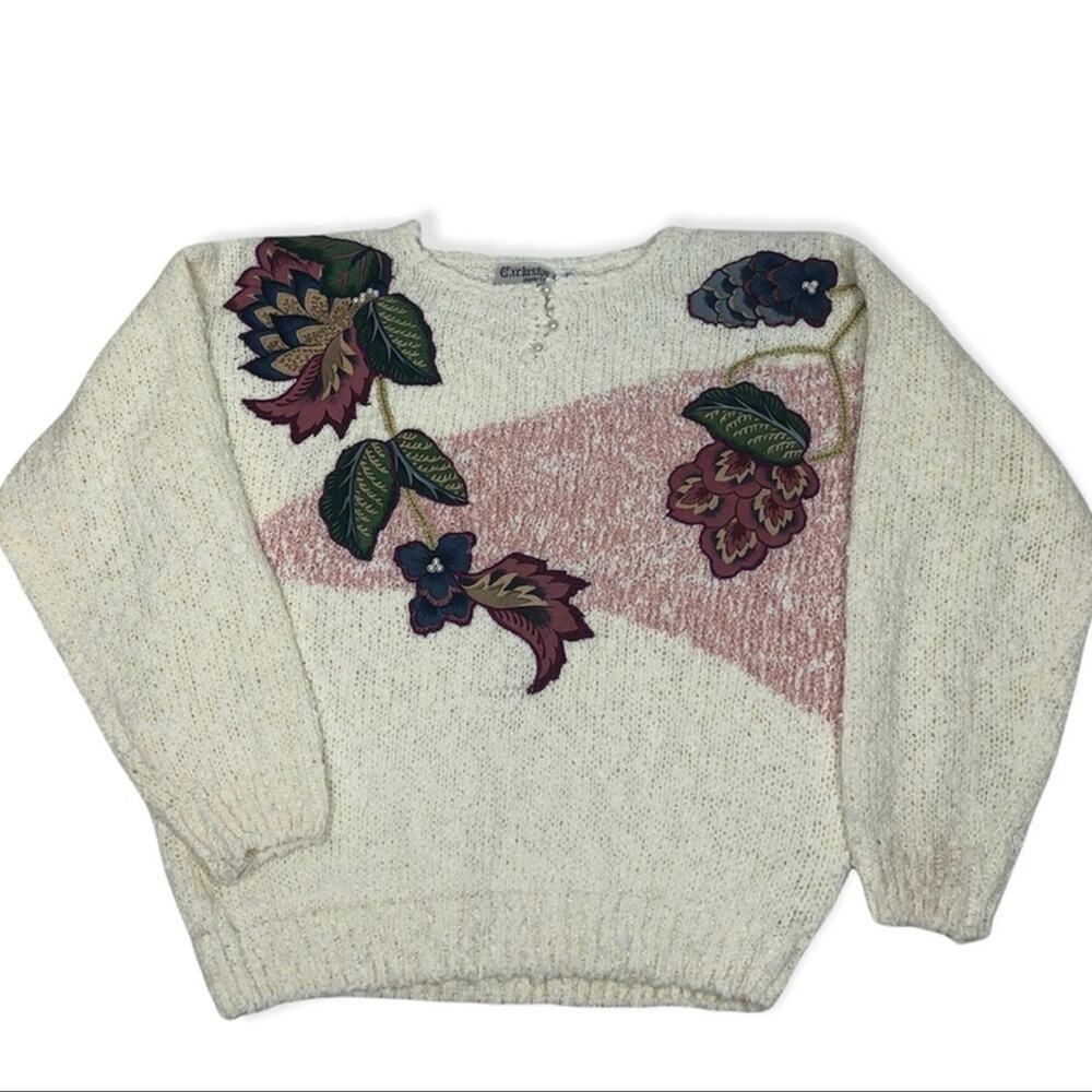 Vintage 90s Floral Embroidered Sweater L Cream Pearl Applique Cottagecore Retro - Picture 2 of 14